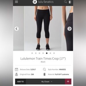 EUC- Lululemon Train Times Crop (17") Black- size 6